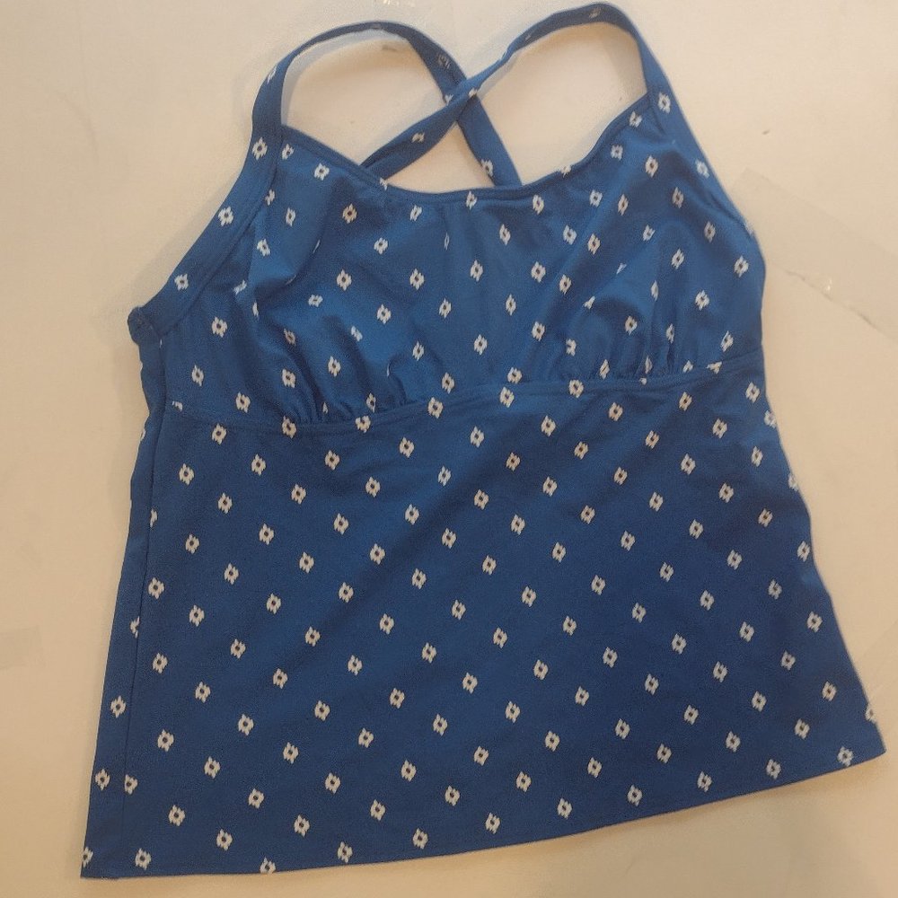 Lands End Swim Blue Tankini Top Swimwear Wide Strap Womens 14 underwire
